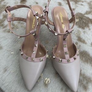 Light pink two tone strap heels with gold studs